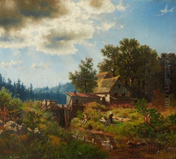 Landscape With A Mill And Anglers Oil Painting by Hermann Herzog