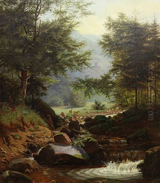 Deer By A Mountain Stream by Hermann Herzog