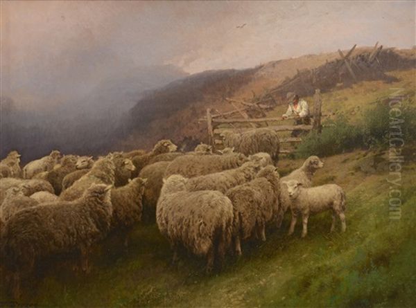 Hermann Herzog Oil Landscape With Sheep Oil Painting by Hermann Herzog