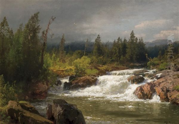 River Landscape Oil Painting by Hermann Herzog