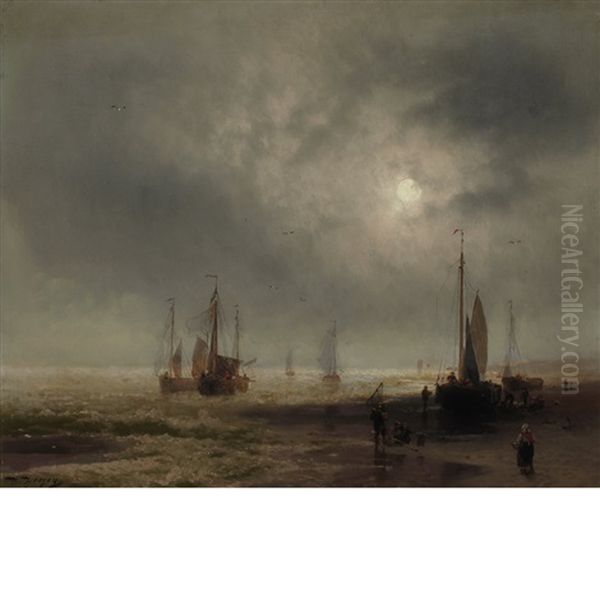 Seascape With Boats And Figures On A Beach Oil Painting by Hermann Herzog