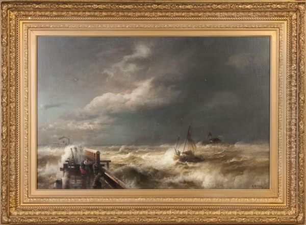 Dock With Stormy Seas by Hermann Herzog