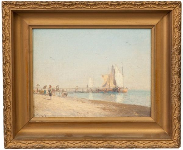 Pier & Beach Scene Oil Painting by Hermann Herzog