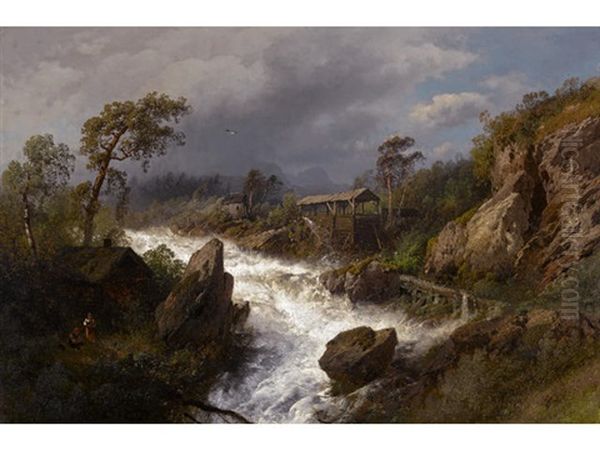 Cabin And Mill Beside A Raging River Oil Painting by Hermann Herzog