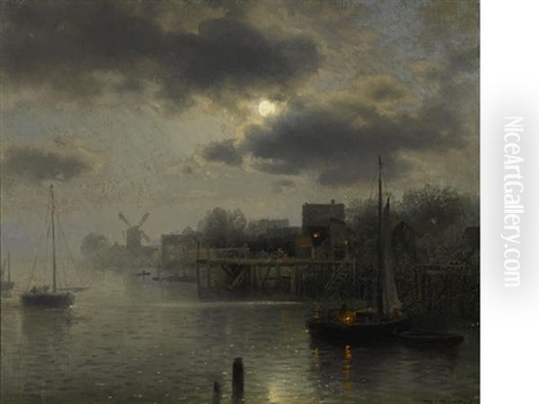 Moonlight In Holland Oil Painting by Hermann Herzog