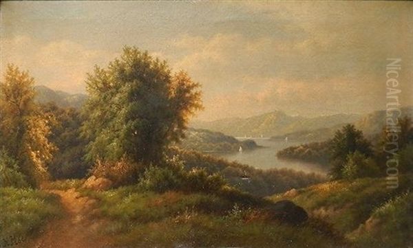 Summer Landscape With River And Sailboats In The Distance Oil Painting by Hermann Herzog