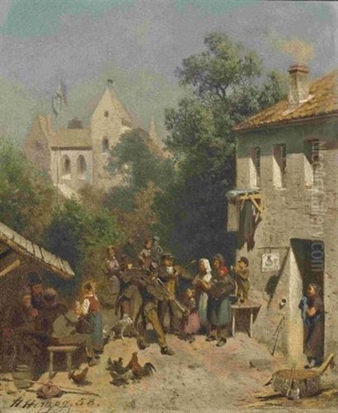 Musikkapelle Vor Der Dorfschenke Oil Painting by Hermann Herzog