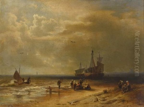 Strandszene Mit Fischern Und Fischerbooten Oil Painting by Hermann Herzog