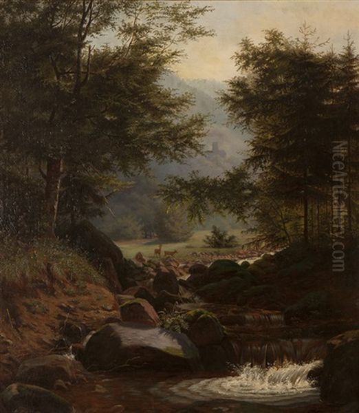 Deer In A Forest Landscape Oil Painting by Hermann Herzog