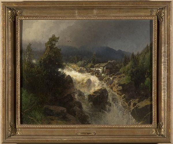 Norwegian Mill Oil Painting by Hermann Herzog