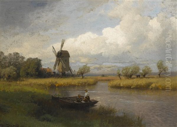 Fishing Oil Painting by Hermann Herzog