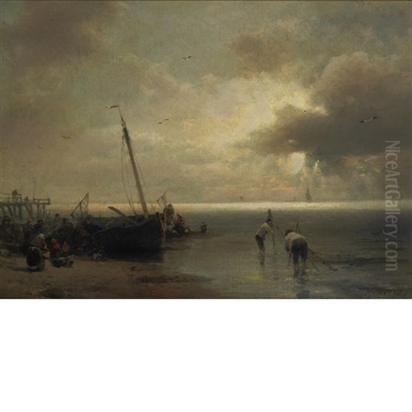 Fisherfolk On The Beach Oil Painting by Hermann Herzog