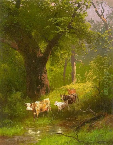 Waldlandschaft Mit Vieh Oil Painting by Hermann Herzog