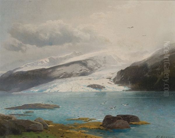 Snowcapped Mountains Along A Coast Oil Painting by Hermann Herzog