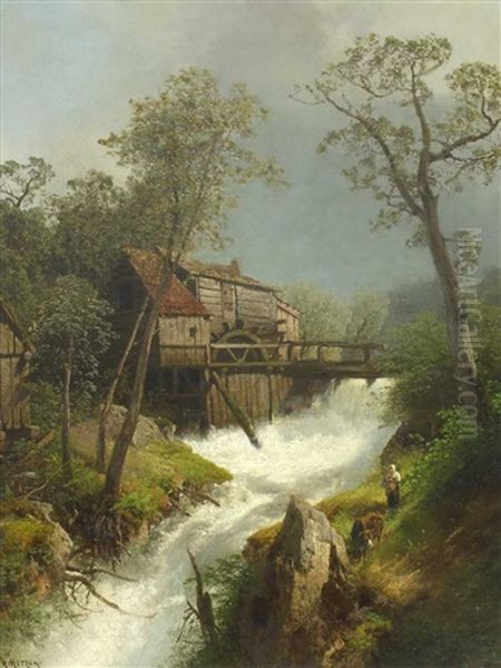 Wassermuhle Bei Gewitterstimmung Oil Painting by Hermann Herzog