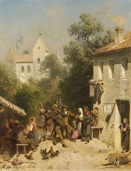 Village Tavern With Brass Band Oil Painting by Hermann Herzog