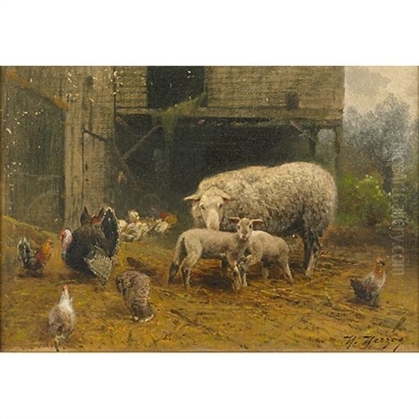 Sheep And Chicken In A Barnyard Oil Painting by Hermann Herzog