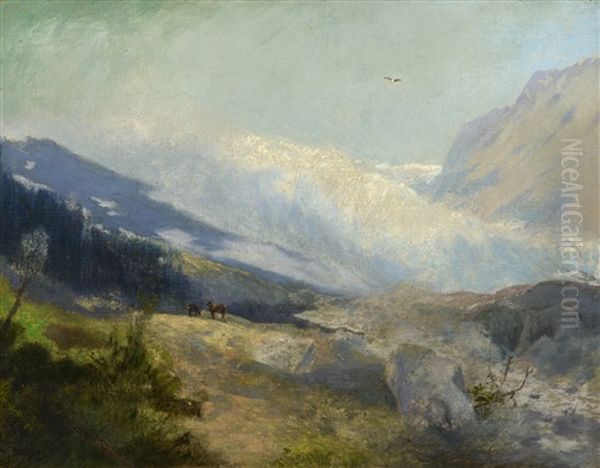 Elk Below The Glacier Oil Painting by Hermann Herzog