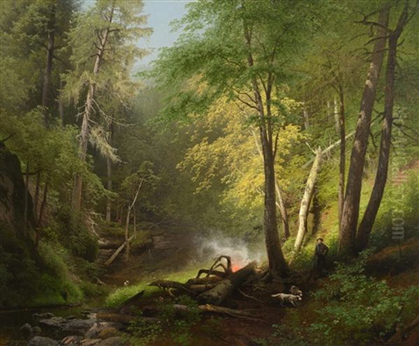 Hunter In The Woods Oil Painting by Hermann Herzog