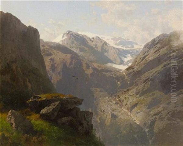 Norwegian Highlands, Loerdals Fjord Oil Painting by Hermann Herzog