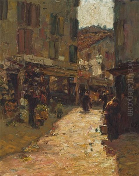 A Village Street Oil Painting by Hermann Herzog