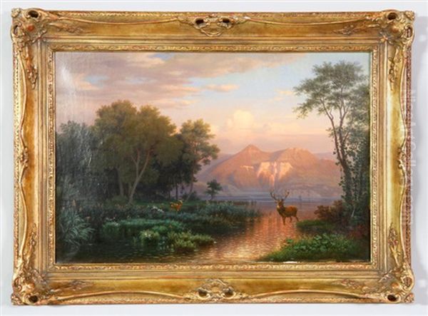 Landscape With Forest And Mountains, Lake And Deer Oil Painting by Hermann Herzog