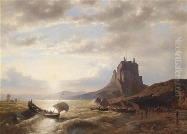 Kustenlandschaft Mit Fischern Oil Painting by Hermann Herzog