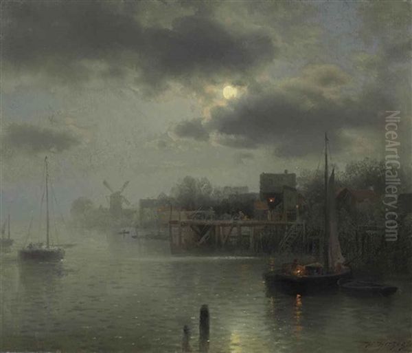 Moonlight In Holland Oil Painting by Hermann Herzog