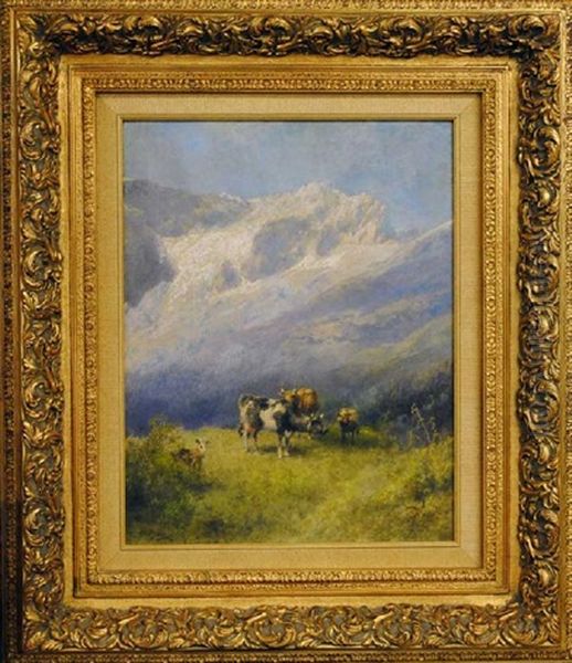 Mountain Landscape With Cows And Goat Oil Painting by Hermann Herzog