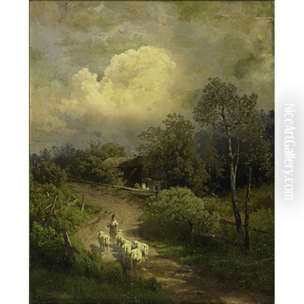 A Landscape With Shepherd And Flock Oil Painting by Hermann Herzog