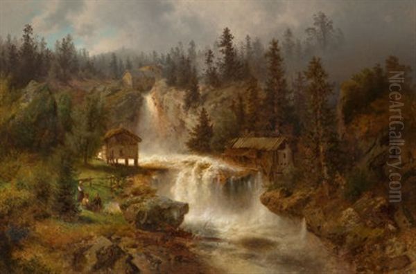 Figures Before A Mill In A Mountainous River Landscape (at The Mill Falls) Oil Painting by Hermann Herzog