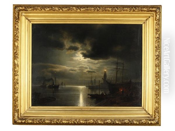 Night Harbor Oil Painting by Hermann Herzog