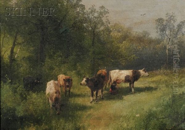 Meadow With Cows And A Milkmaid Oil Painting by Hermann Herzog