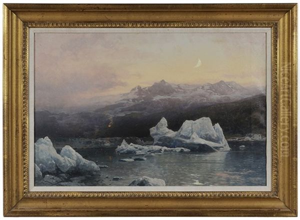 Icebergs At Dusk, With Fire On An Arctic Mountain Oil Painting by Hermann Herzog