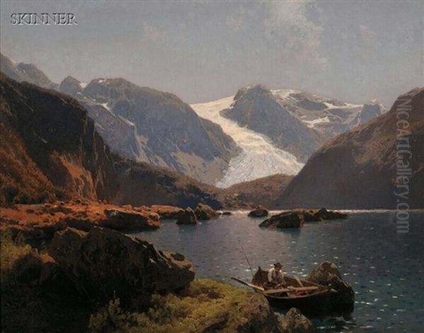 Fisherman On A Mountain Lake by Hermann Herzog