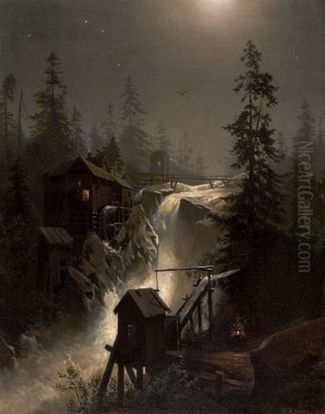 Moon Glow, Cascades Oil Painting by Hermann Herzog