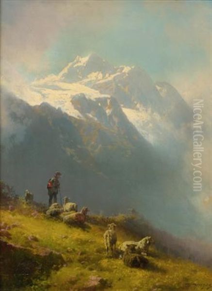 A Shepherd With His Flock Oil Painting by Hermann Herzog