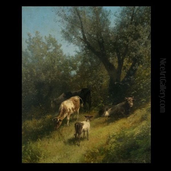 Cows Grazing In Wooded Landscape Oil Painting by Hermann Herzog