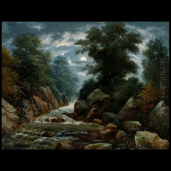 Moonlit River Oil Painting by Hermann Herzog