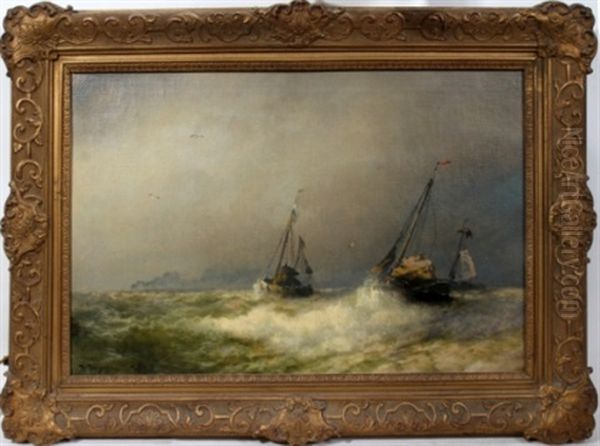 Boats In Rough Seas Oil Painting by Hermann Herzog