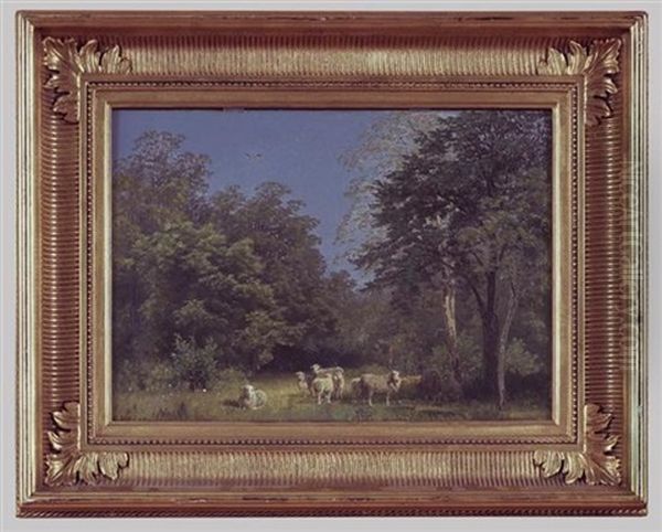 Sheep In A Forest Glade Oil Painting by Hermann Herzog