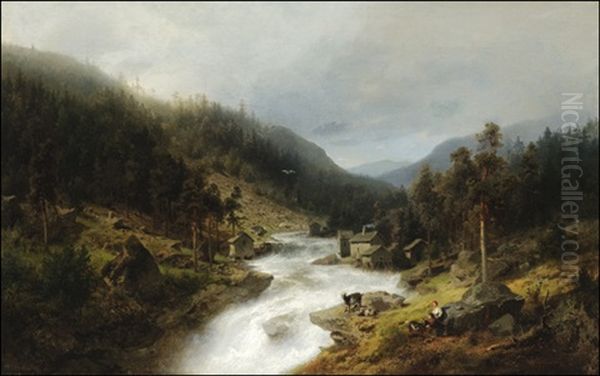 River Mill Falls Oil Painting by Hermann Herzog