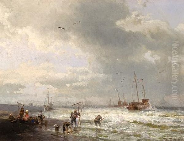 Fisherfolk On The Beach Oil Painting by Hermann Herzog