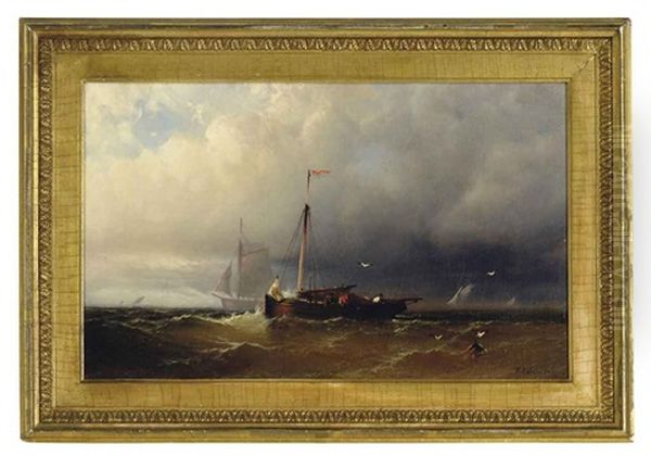 A Sailing Boat In A Storm By The Coast Oil Painting by Hermann Herzog