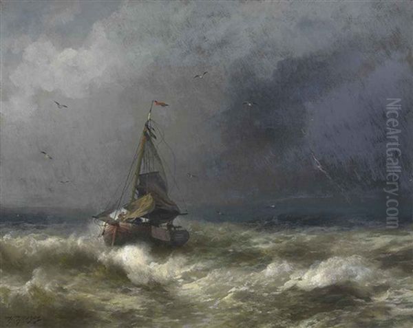 Fishing Boat In A Storm Oil Painting by Hermann Herzog