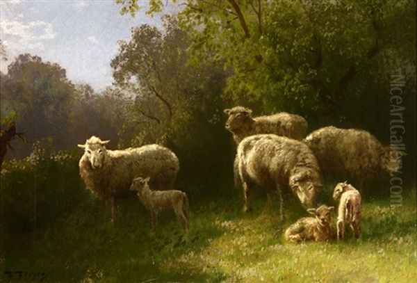 Flock Of Sheep With Lambs Oil Painting by Hermann Herzog