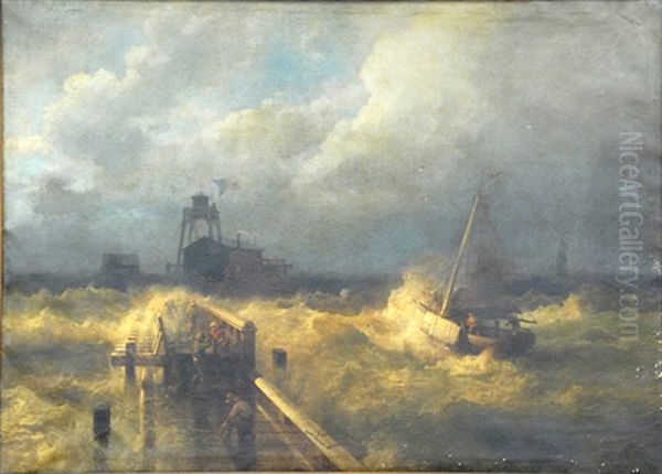 Rough Seas At The Life Saving Station Oil Painting by Hermann Herzog