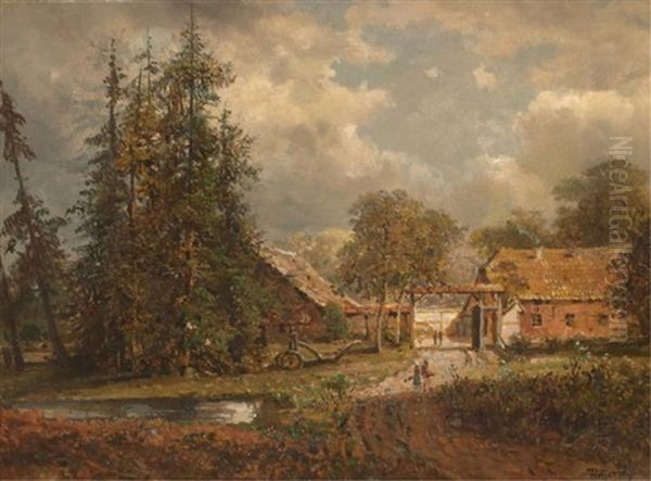 Farm Houses In Approaching Storm Oil Painting by Hermann Herzog