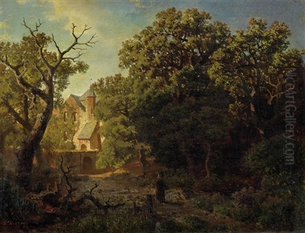 Dichte Waldlandschaft Hinter Einer Schlossanlage Oil Painting by Hermann Herzog