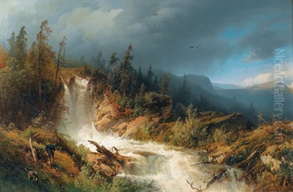 Wilde Gebirgslandschaft Mit Wasserfall Und Jager Oil Painting by Hermann Herzog